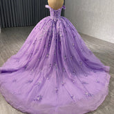 Off-Shoulder Purple Tulle Quinceanera Dress with 3D Flower Lace & Beaded Details Perfect for Sweet 16 & Evening Galas